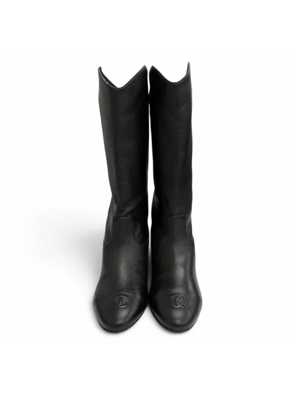 Chanel CC Logo Stitch Middle Leather Boots Jockey Black